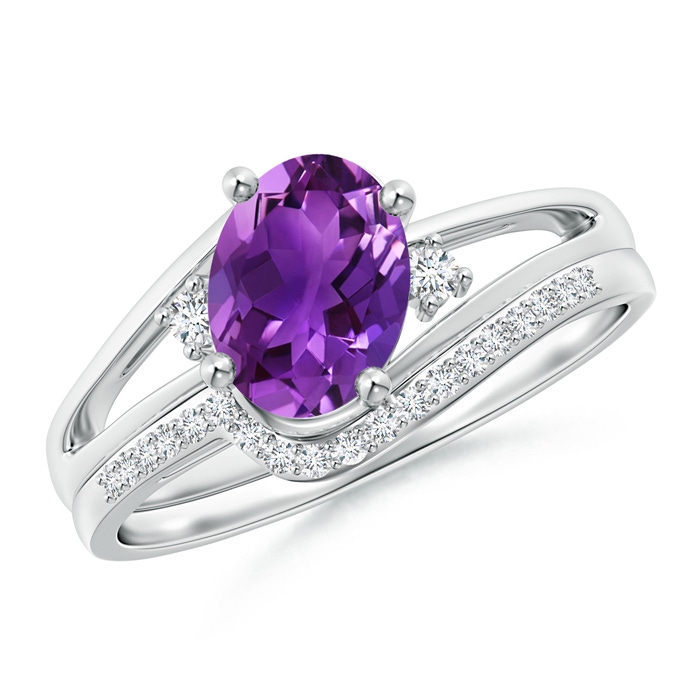 8x6mm AAAA Oval Amethyst and Diamond Wedding Band Ring Set in White Gold 