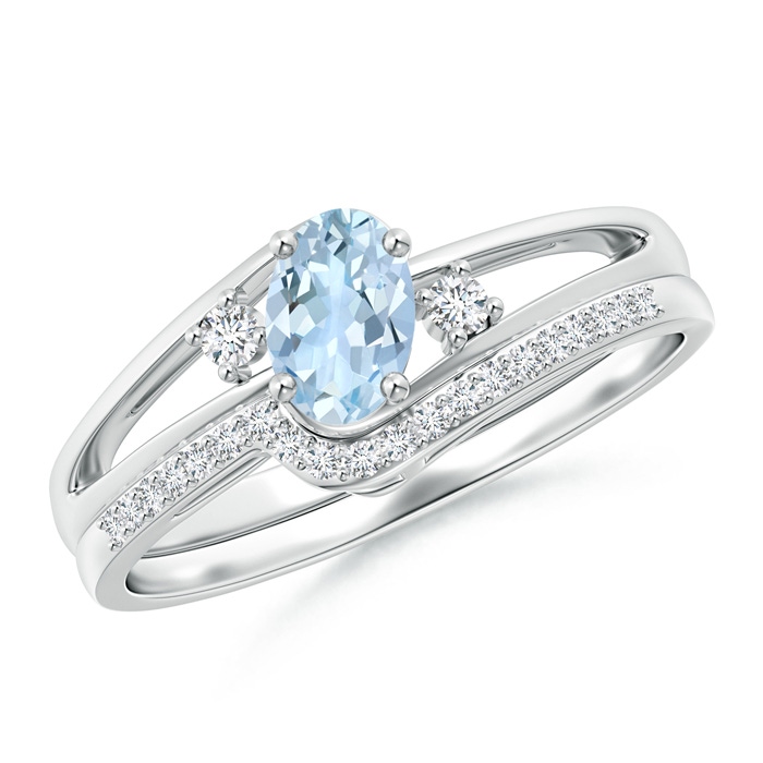 6x4mm AA Oval Aquamarine and Diamond Wedding Band Ring Set in White Gold 