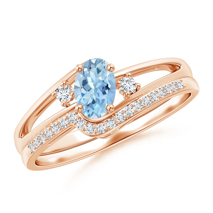 6x4mm AAA Oval Aquamarine and Diamond Wedding Band Ring Set in Rose Gold 