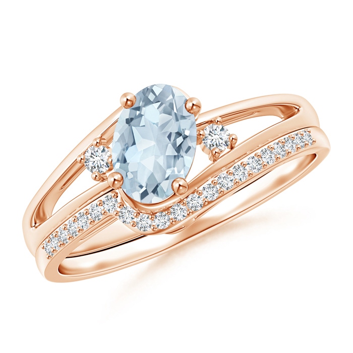 7x5mm A Oval Aquamarine and Diamond Wedding Band Ring Set in Rose Gold 