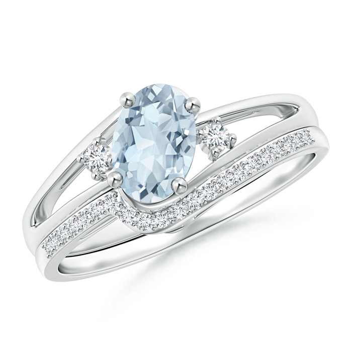 7x5mm A Oval Aquamarine and Diamond Wedding Band Ring Set in White Gold 