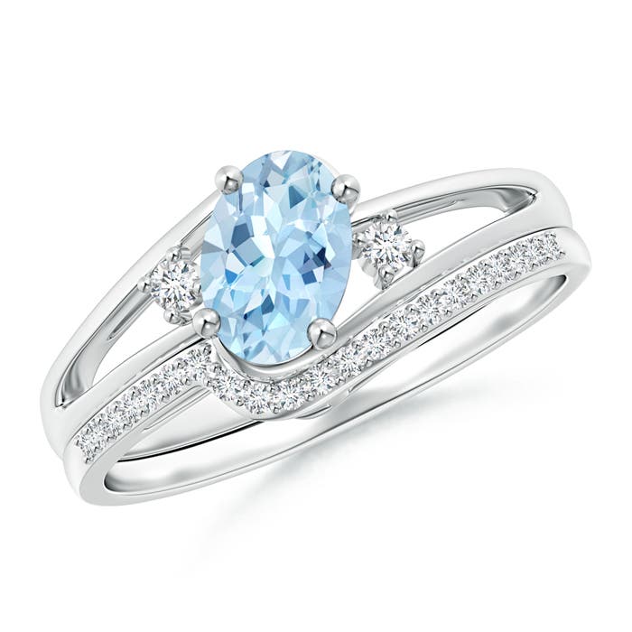 7x5mm AAA Oval Aquamarine and Diamond Wedding Band Ring Set in P950 Platinum
