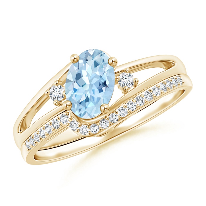 7x5mm AAA Oval Aquamarine and Diamond Wedding Band Ring Set in Yellow Gold 