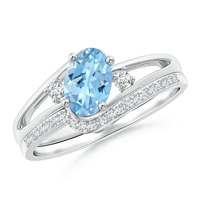 7x5mm AAAA Oval Aquamarine and Diamond Wedding Band Ring Set in P950 Platinum 