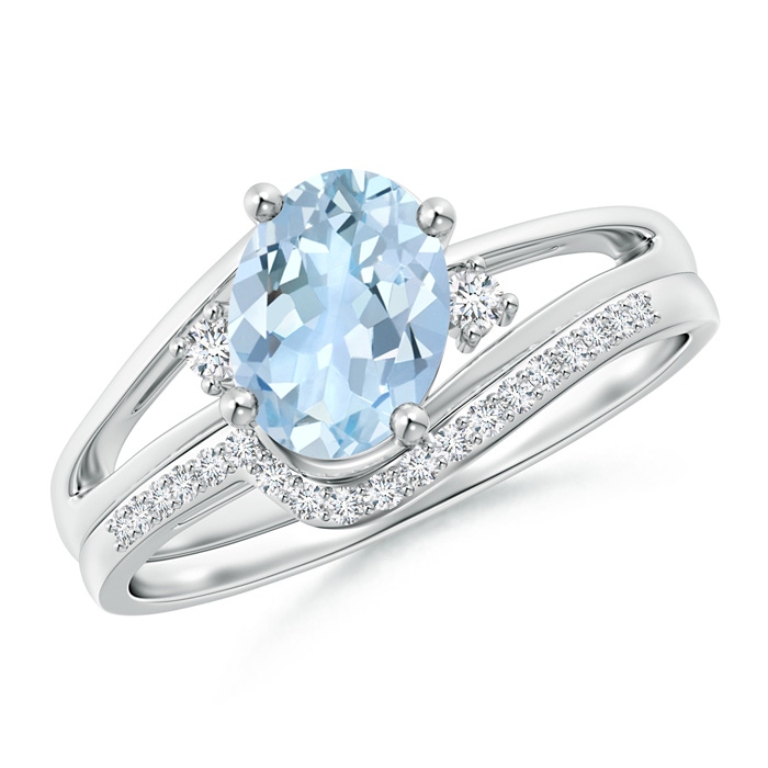 8x6mm AA Oval Aquamarine and Diamond Wedding Band Ring Set in White Gold 