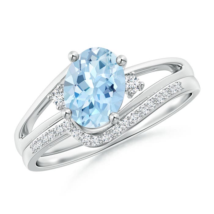 8x6mm AAA Oval Aquamarine and Diamond Wedding Band Ring Set in P950 Platinum