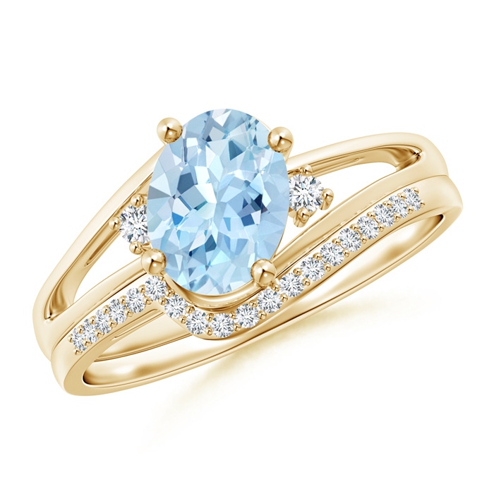 8x6mm AAA Oval Aquamarine and Diamond Wedding Band Ring Set in Yellow Gold