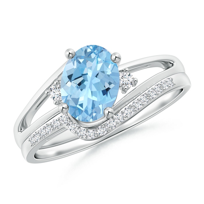8x6mm AAAA Oval Aquamarine and Diamond Wedding Band Ring Set in White Gold 