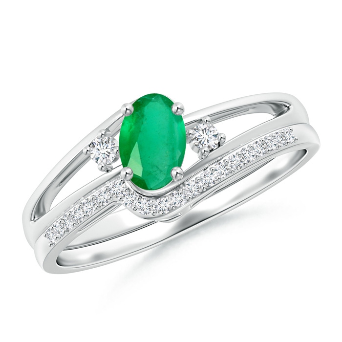 6x4mm A Oval Emerald and Diamond Wedding Band Ring Set in White Gold 