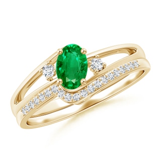 6x4mm AAA Oval Emerald and Diamond Wedding Band Ring Set in Yellow Gold
