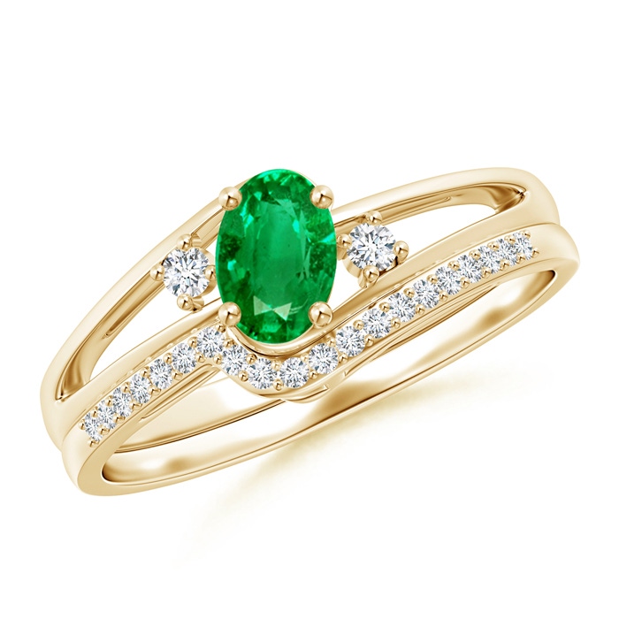 6x4mm AAA Oval Emerald and Diamond Wedding Band Ring Set in Yellow Gold 