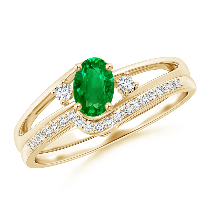 6x4mm AAAA Oval Emerald and Diamond Wedding Band Ring Set in Yellow Gold