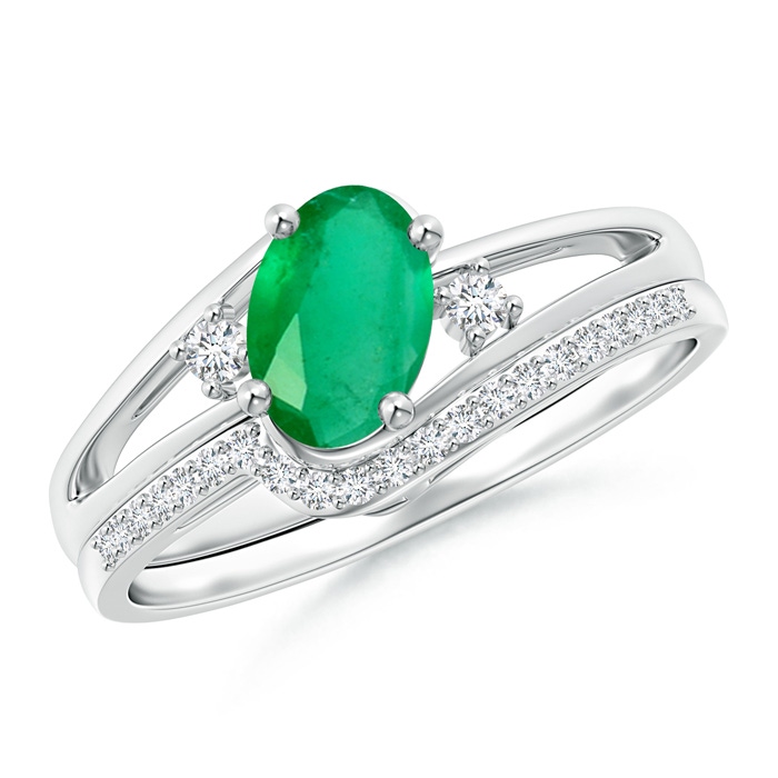 7x5mm A Oval Emerald and Diamond Wedding Band Ring Set in White Gold 
