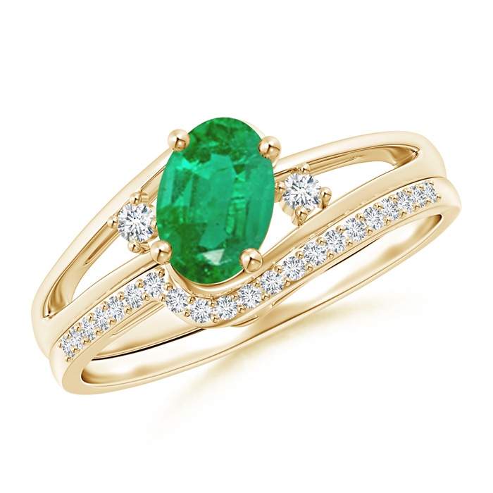 7x5mm AA Oval Emerald and Diamond Wedding Band Ring Set in Yellow Gold 