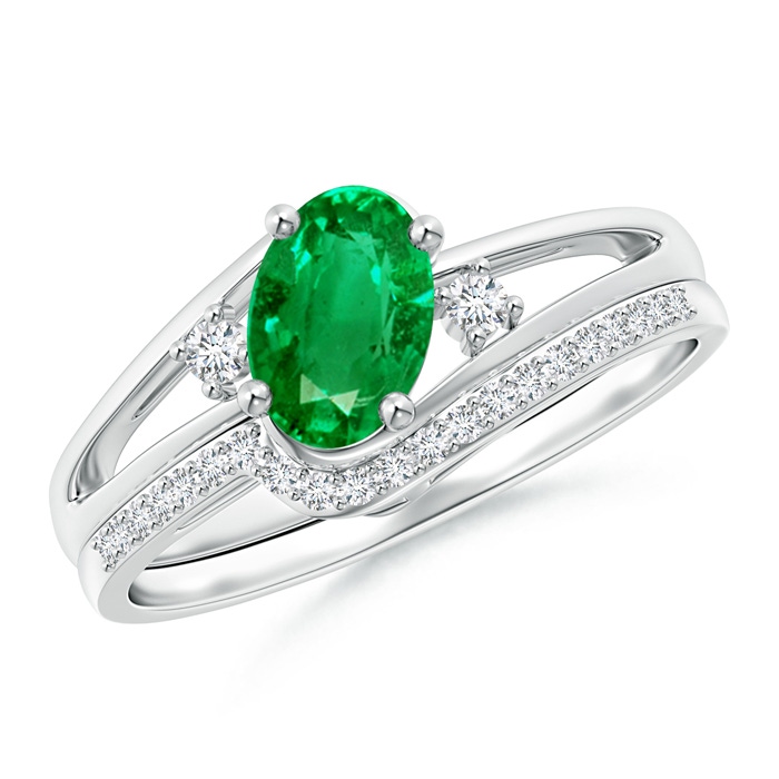 7x5mm AAA Oval Emerald and Diamond Wedding Band Ring Set in P950 Platinum 