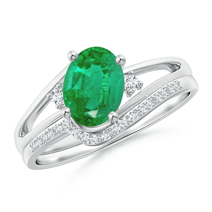 8x6mm AA Oval Emerald and Diamond Wedding Band Ring Set in P950 Platinum 