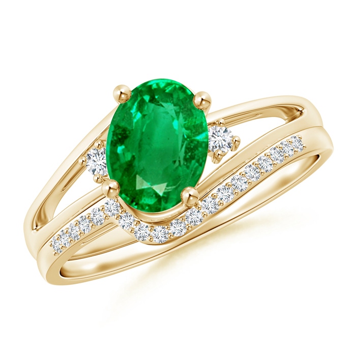 8x6mm AAA Oval Emerald and Diamond Wedding Band Ring Set in Yellow Gold 