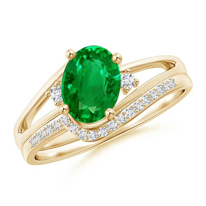 8x6mm AAAA Oval Emerald and Diamond Wedding Band Ring Set in Yellow Gold 