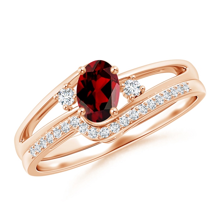 6x4mm AAAA Oval Garnet and Diamond Wedding Band Ring Set in Rose Gold 