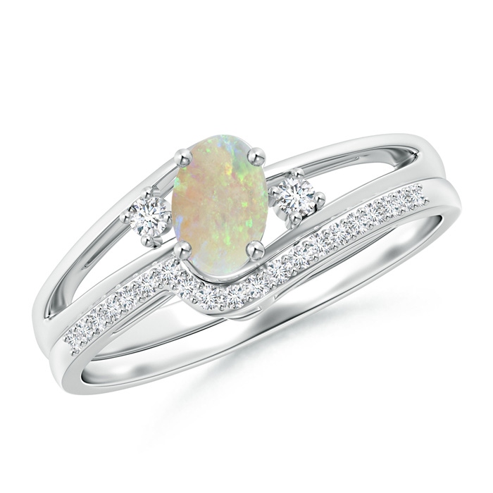 6x4mm AAA Oval Opal and Diamond Wedding Band Ring Set in White Gold 