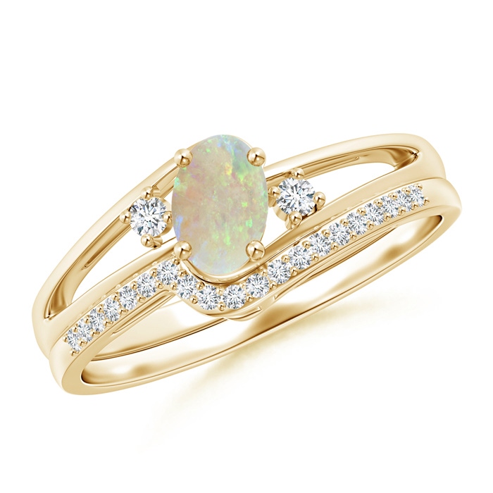6x4mm AAA Oval Opal and Diamond Wedding Band Ring Set in Yellow Gold 