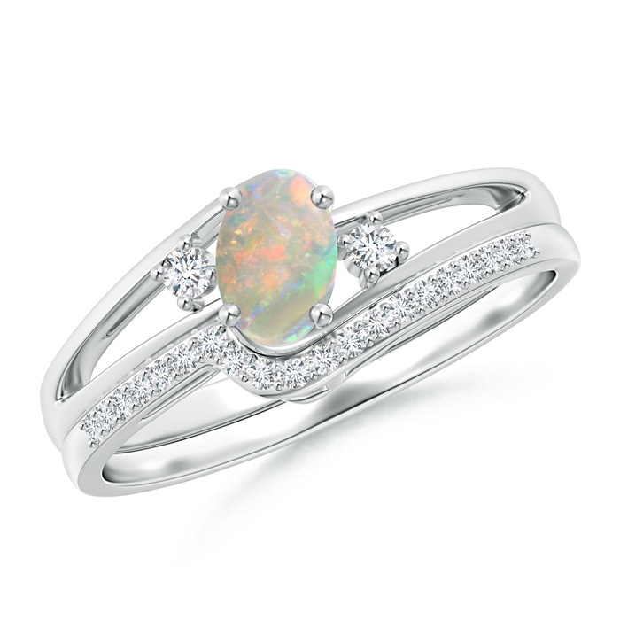 6x4mm AAAA Oval Opal and Diamond Wedding Band Ring Set in P950 Platinum