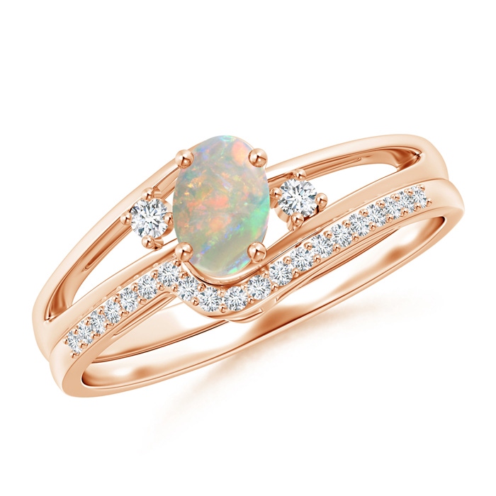 6x4mm AAAA Oval Opal and Diamond Wedding Band Ring Set in Rose Gold
