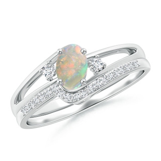 6x4mm AAAA Oval Opal and Diamond Wedding Band Ring Set in White Gold