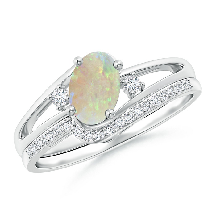 7x5mm AAA Oval Opal and Diamond Wedding Band Ring Set in White Gold 