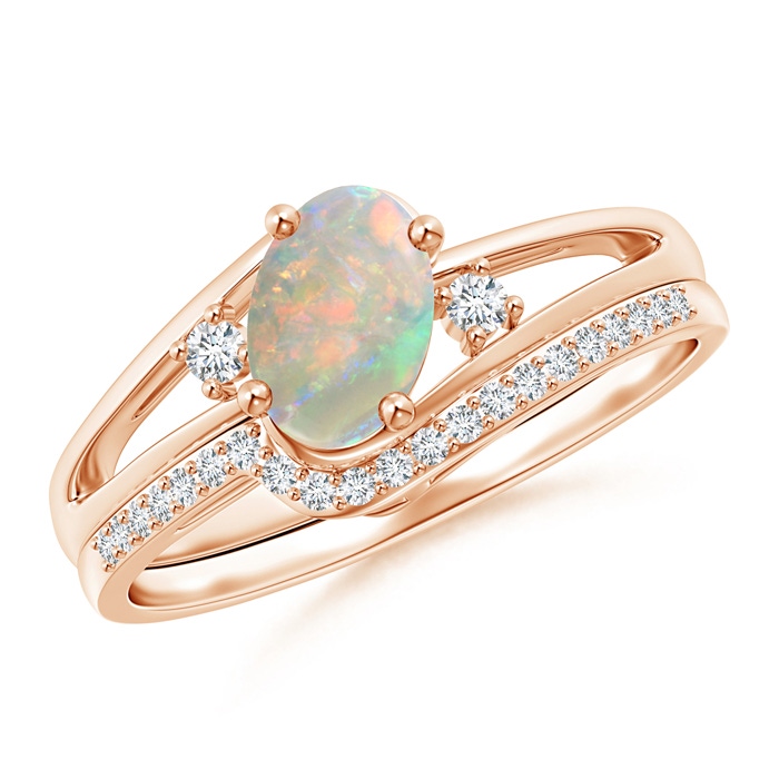 7x5mm AAAA Oval Opal and Diamond Wedding Band Ring Set in Rose Gold 