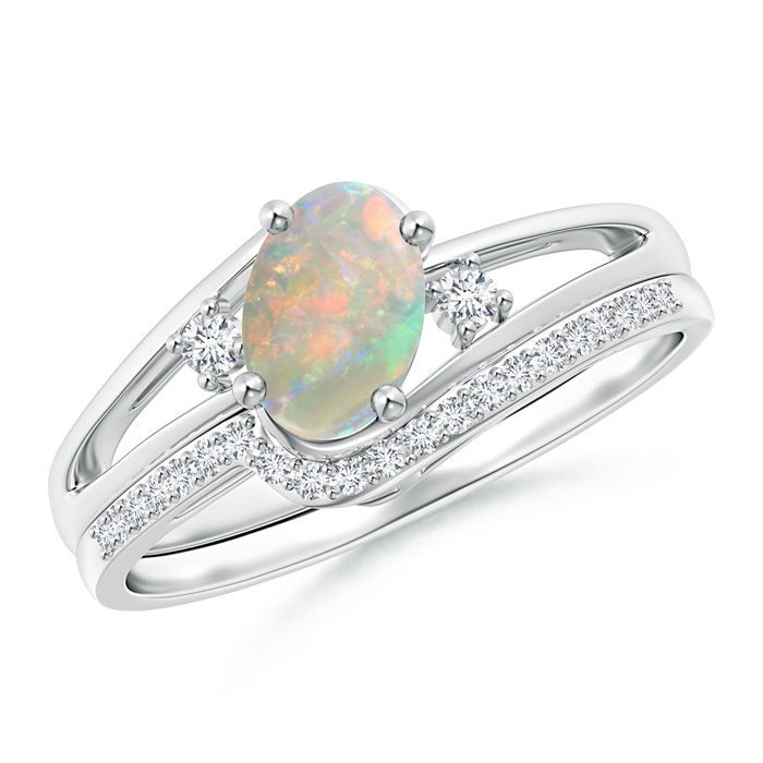7x5mm AAAA Oval Opal and Diamond Wedding Band Ring Set in White Gold 
