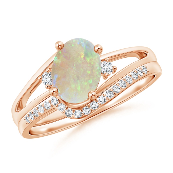 8x6mm AAA Oval Opal and Diamond Wedding Band Ring Set in Rose Gold 