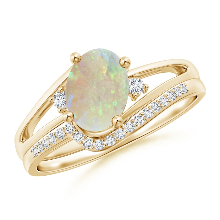 8x6mm AAA Oval Opal and Diamond Wedding Band Ring Set in Yellow Gold 