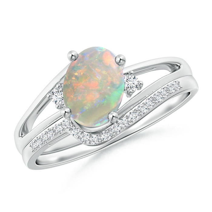 8x6mm AAAA Oval Opal and Diamond Wedding Band Ring Set in 9K White Gold