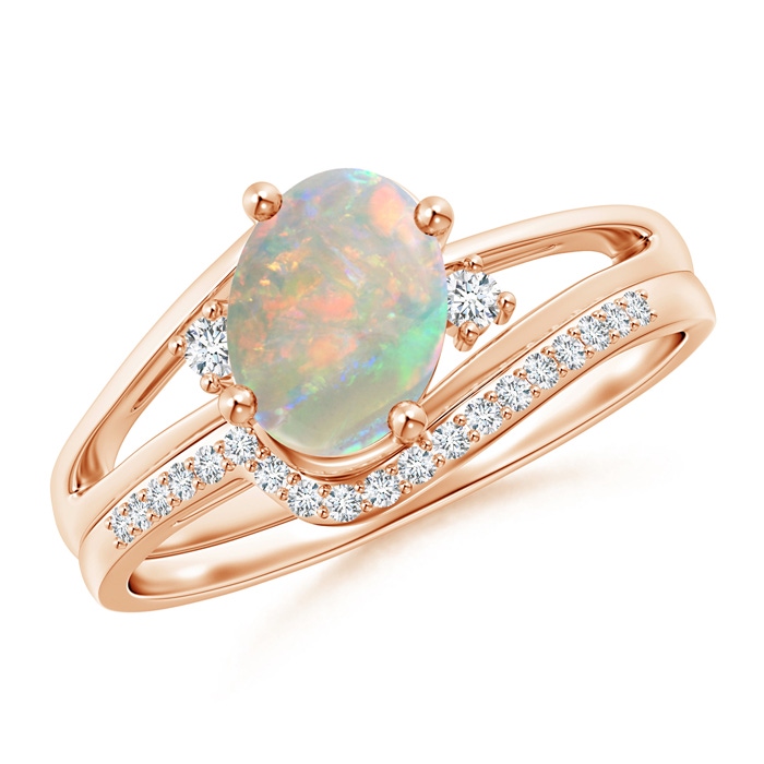 8x6mm AAAA Oval Opal and Diamond Wedding Band Ring Set in Rose Gold 