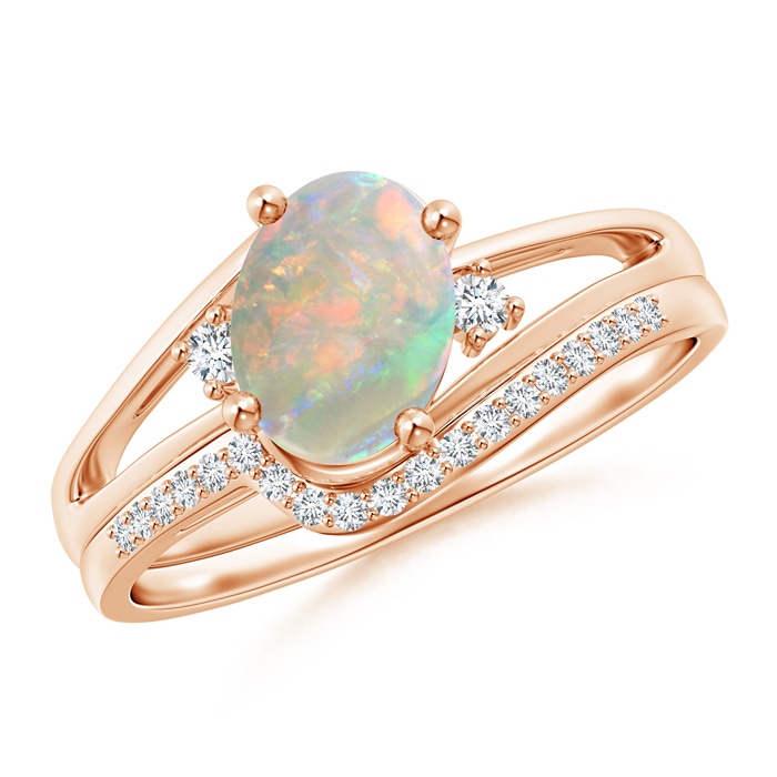 8x6mm AAAA Oval Opal and Diamond Wedding Band Ring Set in Rose Gold