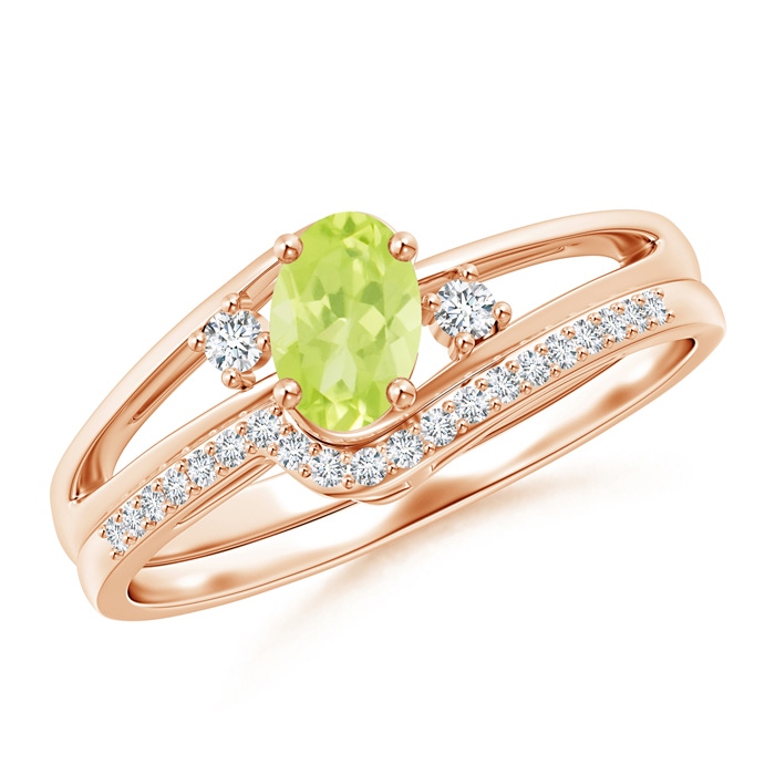 6x4mm A Oval Peridot and Diamond Wedding Band Ring Set in Rose Gold 