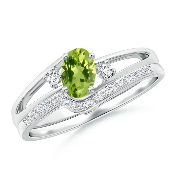 6x4mm AAA Oval Peridot and Diamond Wedding Band Ring Set in White Gold