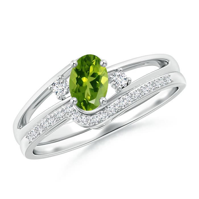 6x4mm AAAA Oval Peridot and Diamond Wedding Band Ring Set in P950 Platinum