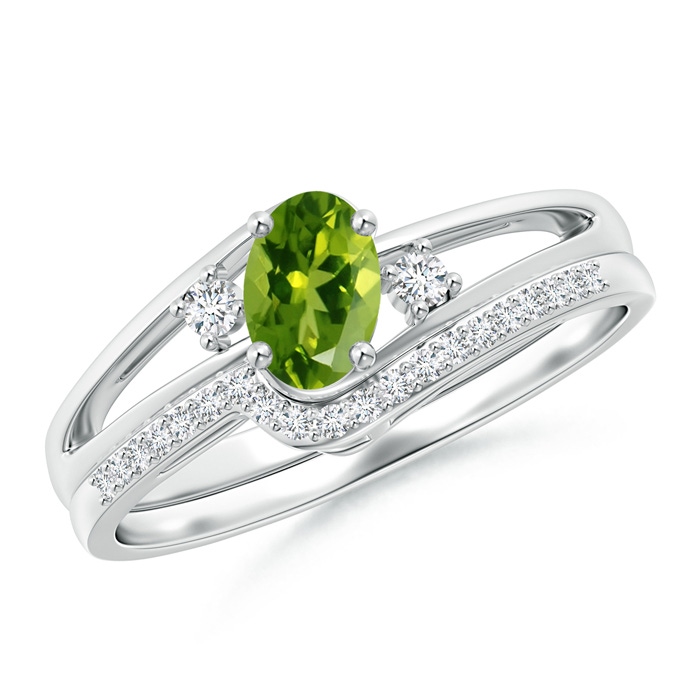 6x4mm AAAA Oval Peridot and Diamond Wedding Band Ring Set in P950 Platinum