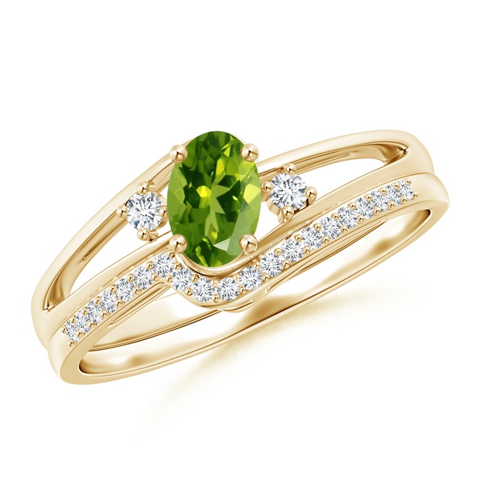 6x4mm AAAA Oval Peridot and Diamond Wedding Band Ring Set in Yellow Gold 
