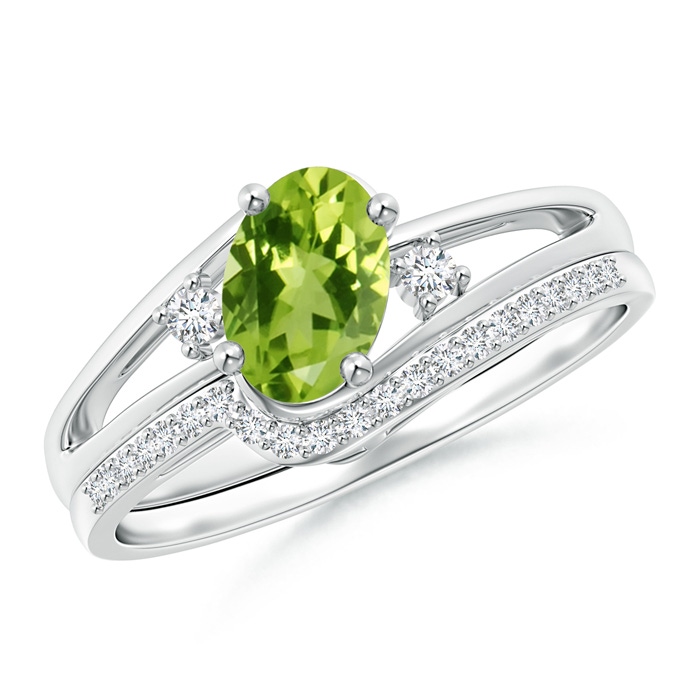 7x5mm AAA Oval Peridot and Diamond Wedding Band Ring Set in White Gold