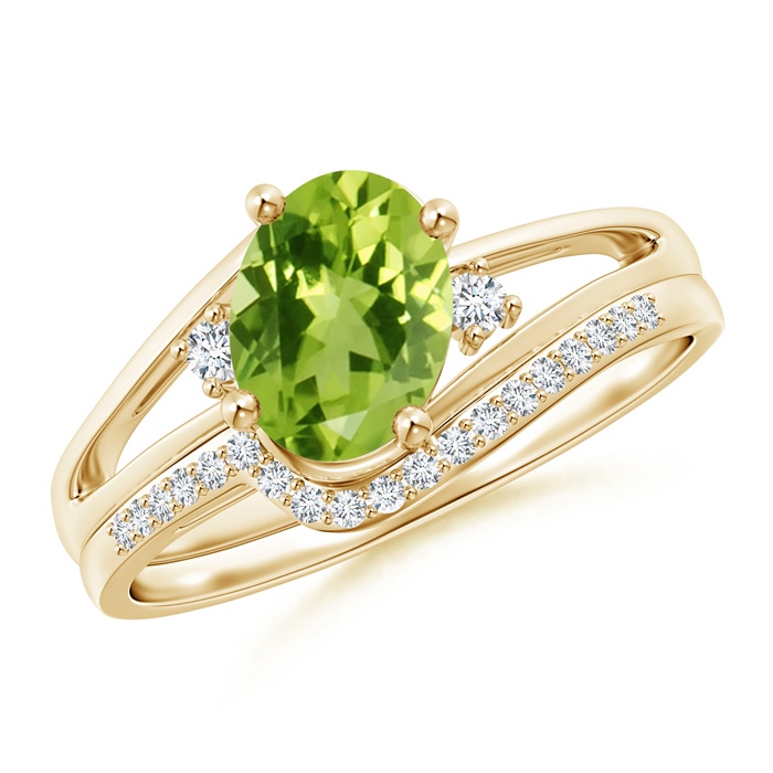 8x6mm AAA Oval Peridot and Diamond Wedding Band Ring Set in Yellow Gold 