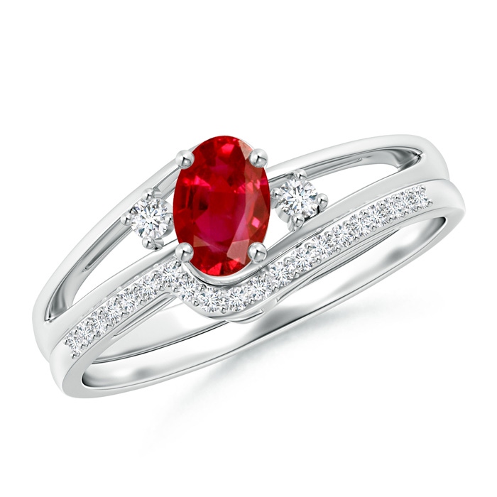 6x4mm AAA Oval Ruby and Diamond Wedding Band Ring Set in White Gold 