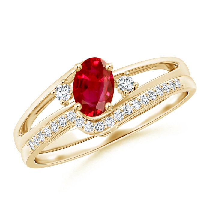 6x4mm AAA Oval Ruby and Diamond Wedding Band Ring Set in Yellow Gold