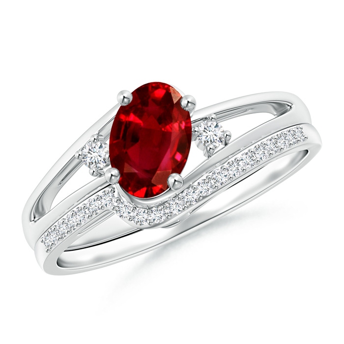 7x5mm AAAA Oval Ruby and Diamond Wedding Band Ring Set in P950 Platinum 