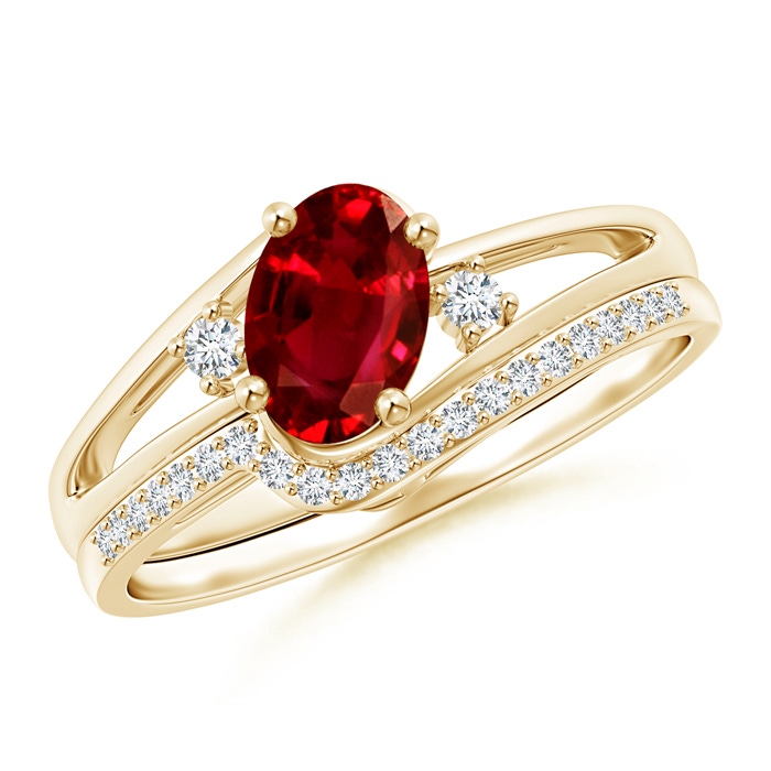 7x5mm AAAA Oval Ruby and Diamond Wedding Band Ring Set in Yellow Gold 