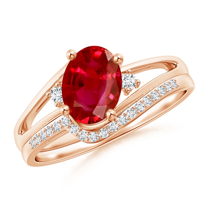 8x6mm AAA Oval Ruby and Diamond Wedding Band Ring Set in Rose Gold 
