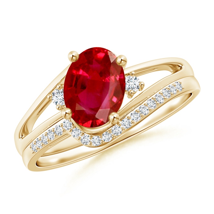 8x6mm AAA Oval Ruby and Diamond Wedding Band Ring Set in Yellow Gold 