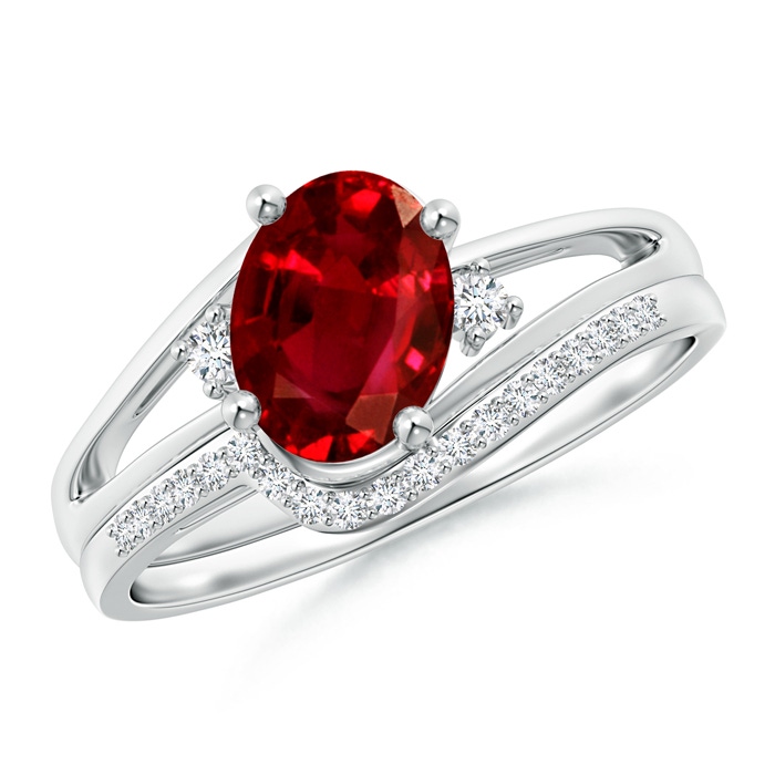 8x6mm AAAA Oval Ruby and Diamond Wedding Band Ring Set in P950 Platinum 